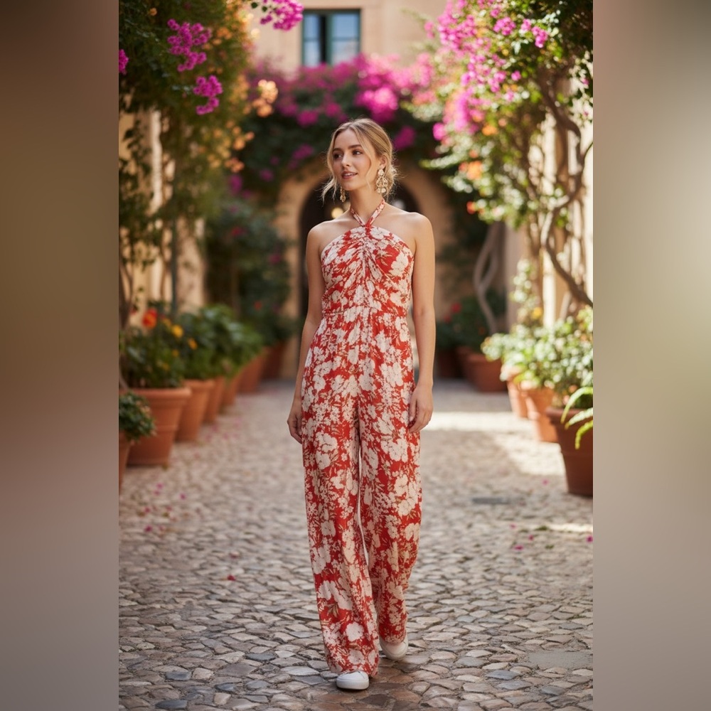 NWOT American Eagle Outfitters Red Floral Wide Leg Jumpsuit